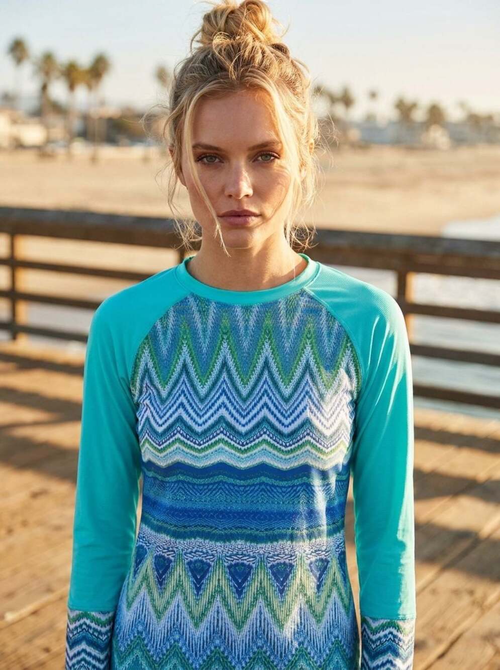 prAna Women's Long Sleeve Rash Guard Swim Shirt Teal Chevron Size S